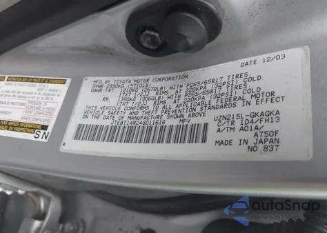 2004 Toyota 4Runner Sr5 Sport V8 z USA, uszkodzony, nr VIN JTEBT14R248011616